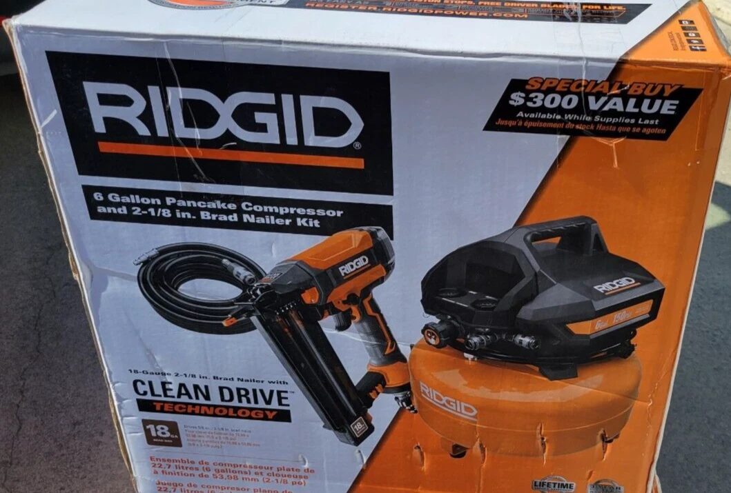 RIDGID 6 Gal. Electric Pancake Air Compressor and 18 Gauge 2 1 8