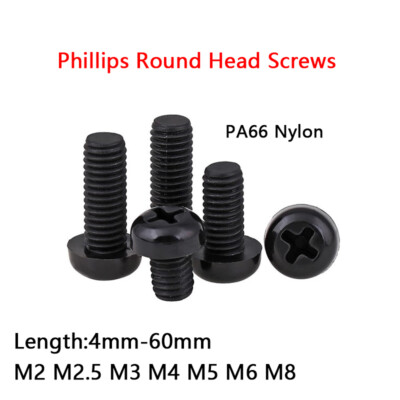 M2 M2.5 M3 M4 M5 M6 M8 PA66 Nylon Plastic Phillips Round Head Screws Bolts Black
