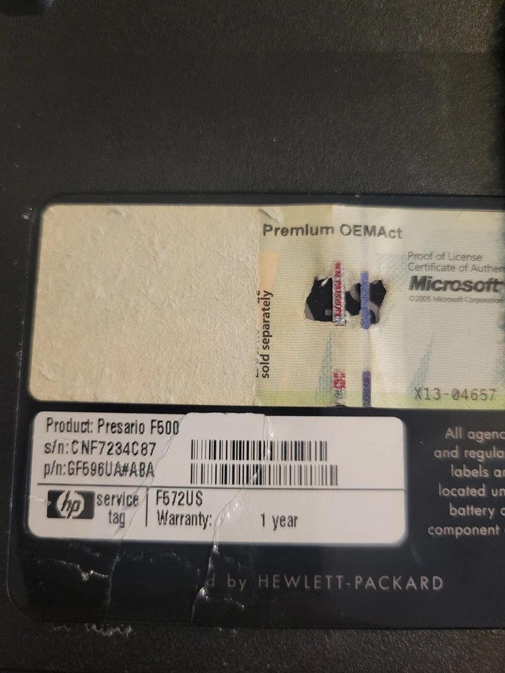 HP Compaq Presario F500 - 2 GB de RAM, sin disco duro, sin sistema operativo. Sin cargador. *SOLO PARA PIEZAS* Foto 3 de 4