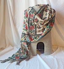 Antique LIBERTY CO Paris London Woven Floral Long Piano Shawl Scarf Fringe