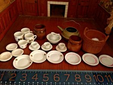 BIG LOT Antique Miniature GERMAN DOLL KITCHEN items porcelain, metal, wood,MORE