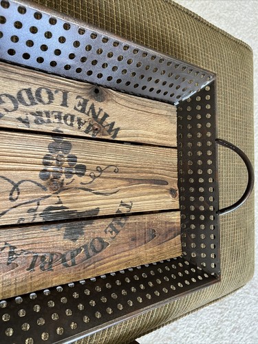 Wood & Metal Serving Ottoman Tray w/Handles for Living Room Coffee Rustic Tray - Picture 4 of 8