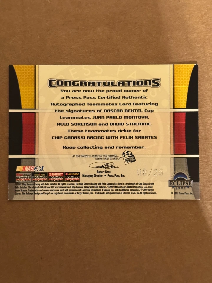 2007 Press Pass TeamMates Triple Autograph Montoya Sorensen Stremme /25 RARE! - Image 2 of 3