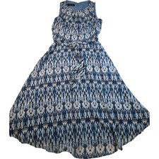 Evan-Picone Midi Dress Womens 10 Blue Abstract Ikat Print Belted Sleeveless