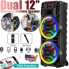 Portable Dual 12  Subwoofer Bluetooth Speaker Heavy Bass Party PA System  Mic