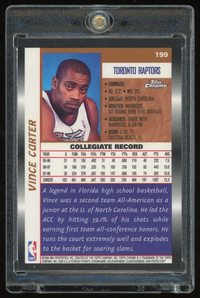 Vince Carter 1998-99 Topps Chrome RC #199 Toronto Raptors Rookie Card - Image 2 of 2