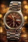 Seiko 5 Automatic Stainless Steel Wristwatch Men Vintage Brown Dial