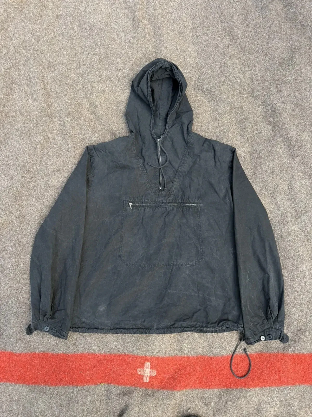 Vintage 1940s-60s Swiss Cotton Smock Anorak Black Half Zip Hooded Mountain - product detail image 1