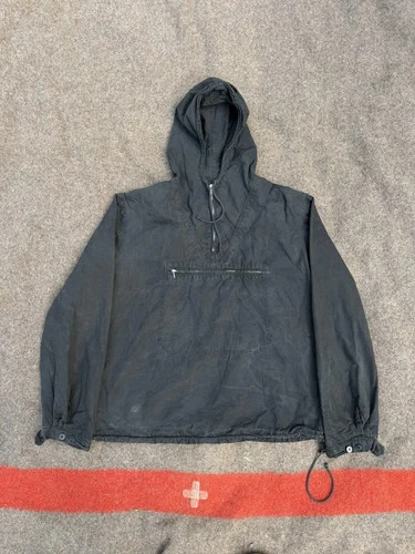 Vintage 1940s-60s Swiss Cotton Smock Anorak Black Half Zip Hooded Mountain video thumbnail