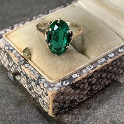 Art Deco Vintage ovaler Smaragd Lab Created Diamant Verlobungsring 14K Gold FN