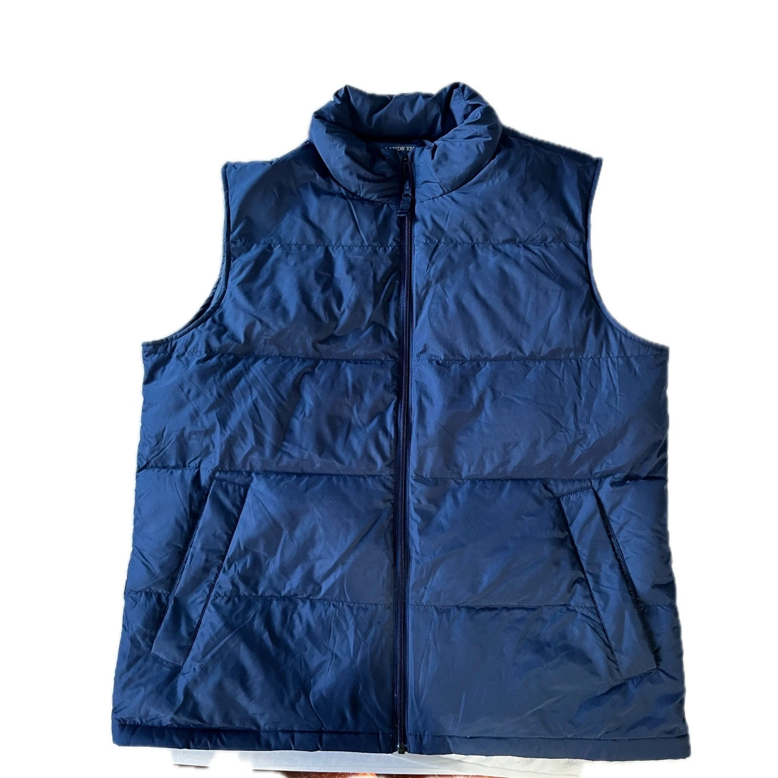 Lands' End Mens Puffer Vest Lightweight Quilted Full Zip Navy Blue L 42-44