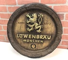 Vintage Lowenbrau Munchen Round Beer Barrel Keg Bar Sign Faux Wood 17” Wall Art