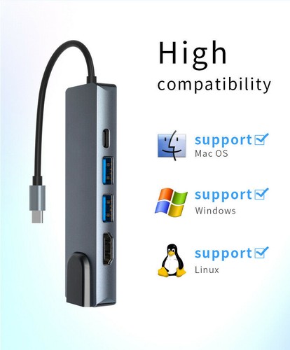 5 in 1 USB C Hub to RJ45 Ethernet Type C Hub Adapter Charger for Macbook 4K HDMI - Picture 4 of 10
