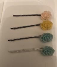 4 Vintage Cream mint Green Victorian Flower Cabochon Silver Bobby Pins