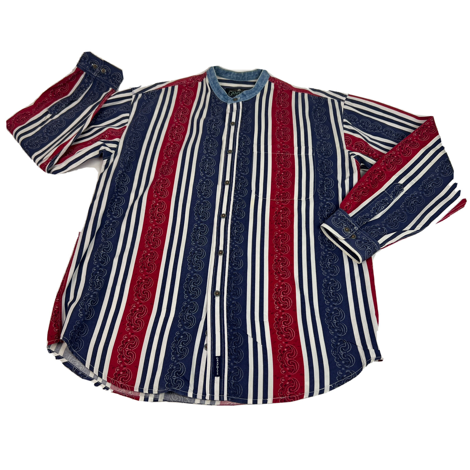 Graphite Jeanswear Shirt Mens Medium Cotton Striped Banded Collar VTG