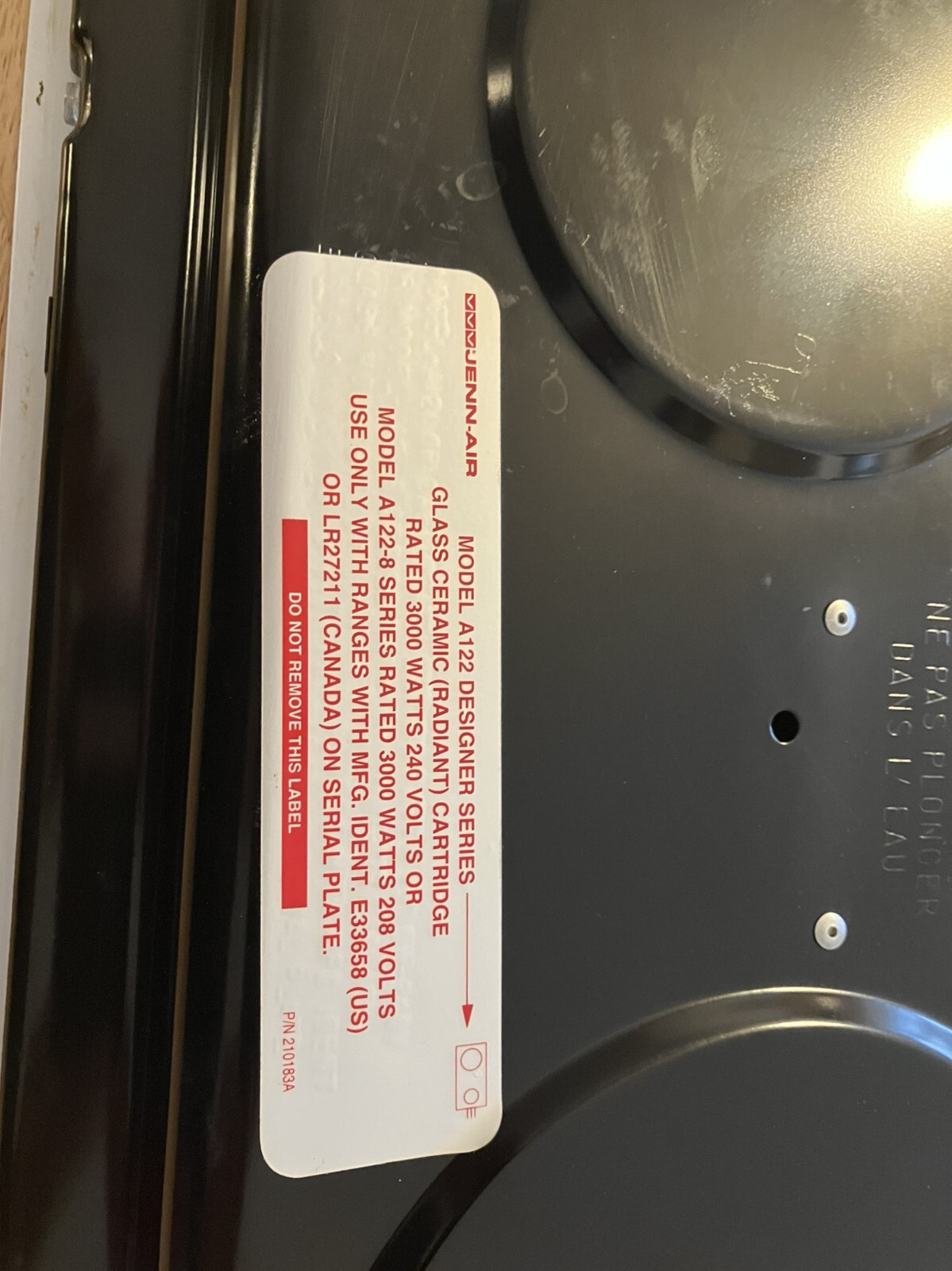 Jennair Cooktop 3000 Watt Glass Ceramic (Radiant) Cartridge. Model A