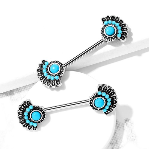 Piercing Têton Sein en Acier Chirurgical Argenté Vieilli - Ethnique - Turquoise - Picture 3 of 3