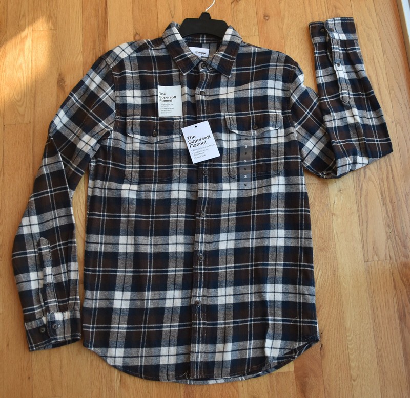 NWT SONOMA brown/navy/white plaid button down SUPERSOFT (S) flannel shirt