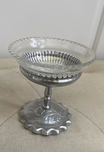 Vintage Embossed Aluminum Pedestal Compote With Glass Bowl Candy Dish - Picture 9 of 16