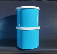 New Rare Tupperware Mini Canisters Set 2 Blue 20 oz Stacking Refrigerator Bowls
