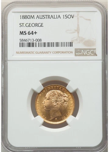 Australia 1880 Melbourne St George Reverse Sovereign NGC MS64+ Single Finest