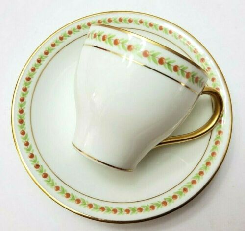 ANTIQUE LIMOGES J. POUYAT GREEN LEAVE & RED BAND DEMITASSE CUP & SAUCER 1890 - 第 1/12 張圖片