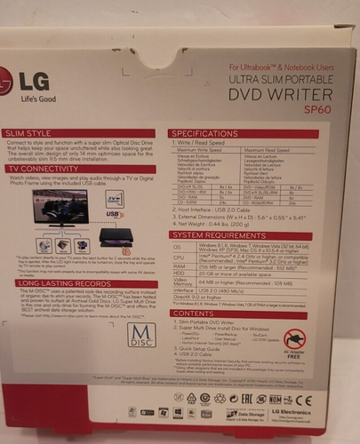 LG SP60 Ultra Slim Portable DVD Writer New in Box MAC WINDOWS - Afbeelding 3 van 3