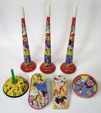 7 EXCELLENT 1950's-60's TIN LITHO NOISE MAKERS  HORNS US METAL TOY Co ALL WORK