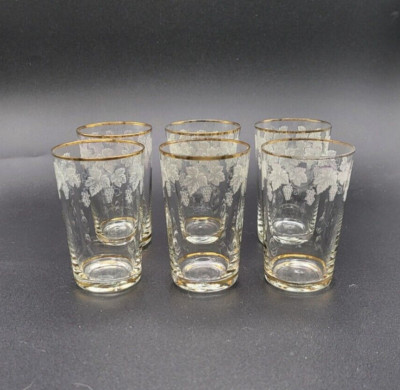Sechs Gläser - Vintage - Rankenmuster - goldfarbene Ränder - 8,5 cm hoch