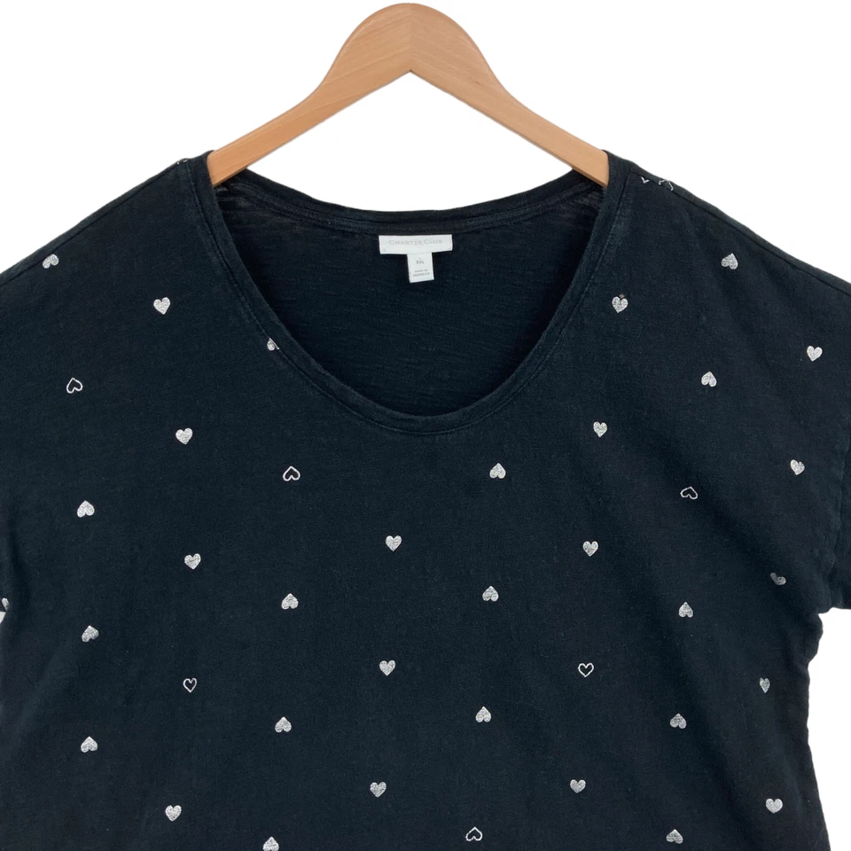 Camiseta Top Charter Club Mujer 2XL Negra Estampado Corazón Tejido Algodón Manga Corta Foto 4 de 4