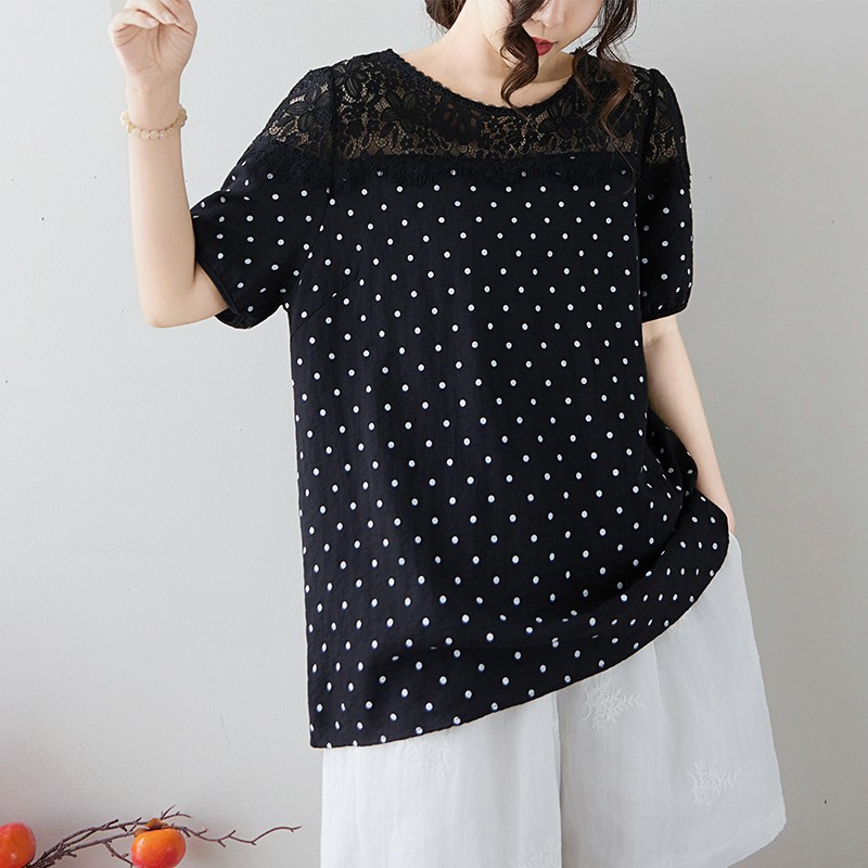 Blusa informal de empalme con encaje ajustada a lunares suelta de verano talla grande para mujer
