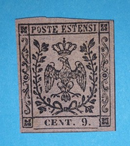 + 1855 Modena Italy Crowned Eagle Newspaper Tax Stamp #PR3 A1 9c Imperf. Mh og