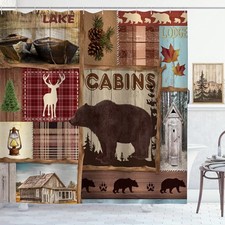 Rustic Cabin Shower Curtain Vintage Country Lodge Bear Deer Lake Camping Maple