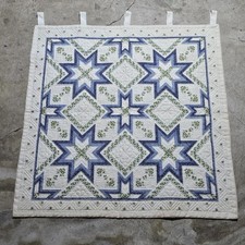 Vintage Handmade Cross Stitch Stars Quilt Wall Hanging Decor 34" x 34" Folk Art