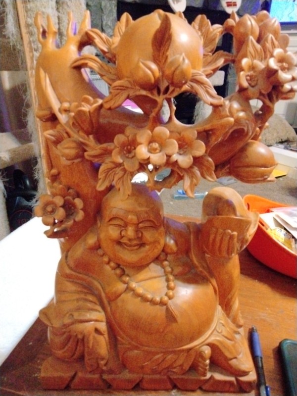 Vintage Laughing Buddha statue - Hand carved Natural wood 16 inches tall!