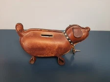 Vintage Mid Century Modern LEATHER DACHSHUND DOG BANK w COLLAR