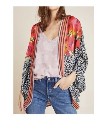 Anthropologie NEW Bl^nk London Cocoon Kimono Gray Pink Mixed Floral SZ OS XL Top