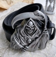 Grim Reaper Belt Buckle With Black Leather Belt Heavy Metal Rock Gothic Biker