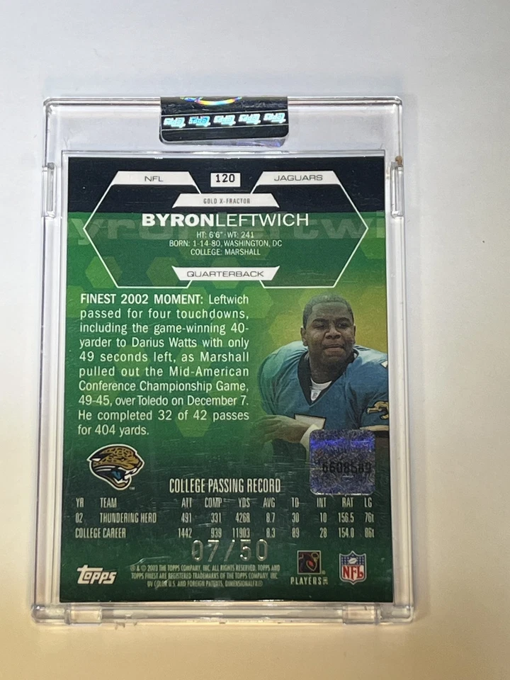 Tarjeta autógrafa de novato Topps Finest Gold X-Fractor Byron Leftwich 2003 #07/50 Foto 4 de 4
