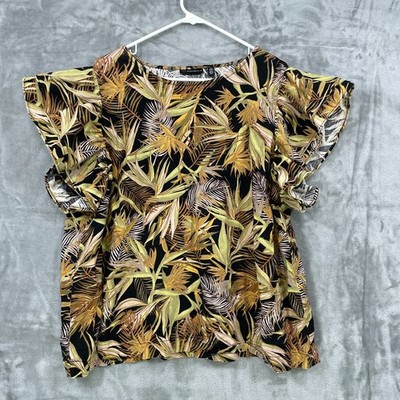 Rafaella Womens Size 2X Tropical Palm Leaf Linen Blend  Ruffle Sleeve Blouse