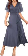 Formal Wedding Bride's Mother's Split Pleated V-neck Flared Sleeve Evening Gown