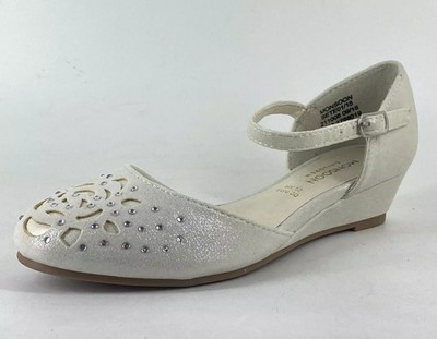 Monsoon Mary Jane Schuhe jüngere Mädchen UK 12 EU 30 silber Glitzer zweiteilig Keilabsatz