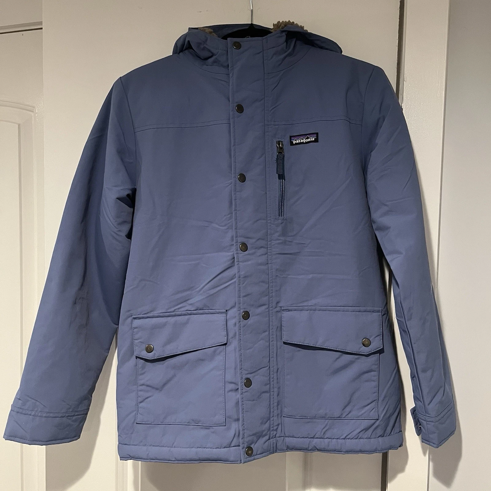 Patagonia Boys Inferno Jacket Winter Rain Coat Blue XL Sherpa Lining EUC Warm