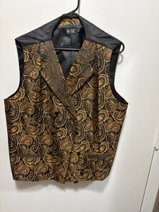 Hi-Tie Mens Paisley Waistcoat Vest Gold Black Jacquard Floral Suit Vest XL West