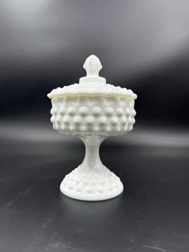 Vintage Fenton Hobnail Milk Glass Covered Candy Dish Pedestal Lidded Bowl 8.5”