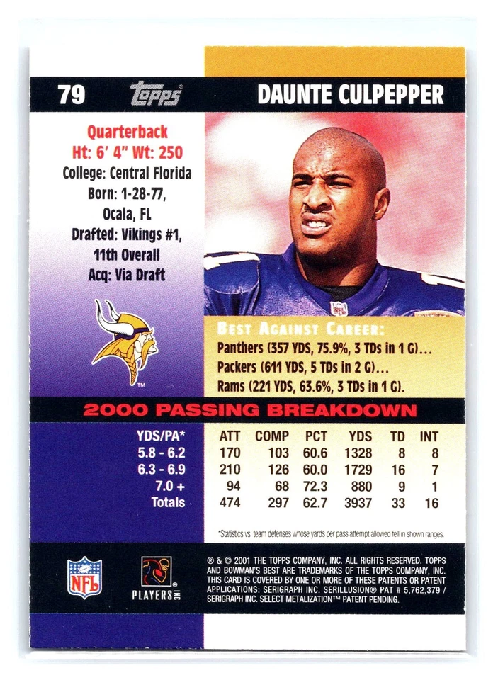 2001 Bowman's Best #79 Daunte Culpepper Minnesota Vikings - Image 2 of 2
