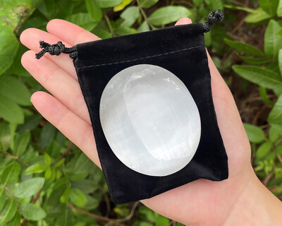 Morocco Selenite Palm Stone 2.5'' & Carry Pouch Worry Healing Soap Stone