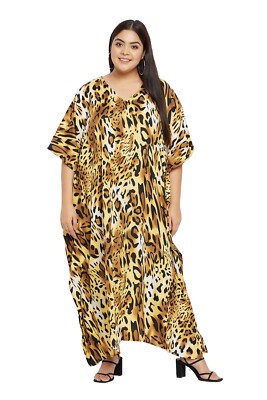 Women Kimono Sleeves Leopard Print Brown Kaftan Plus Size Summer Beach Sundress