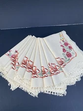 10 Vintage Cloth Napkins/Placemats Linens Fringe Floral Red Orange Pink  Ribbons
