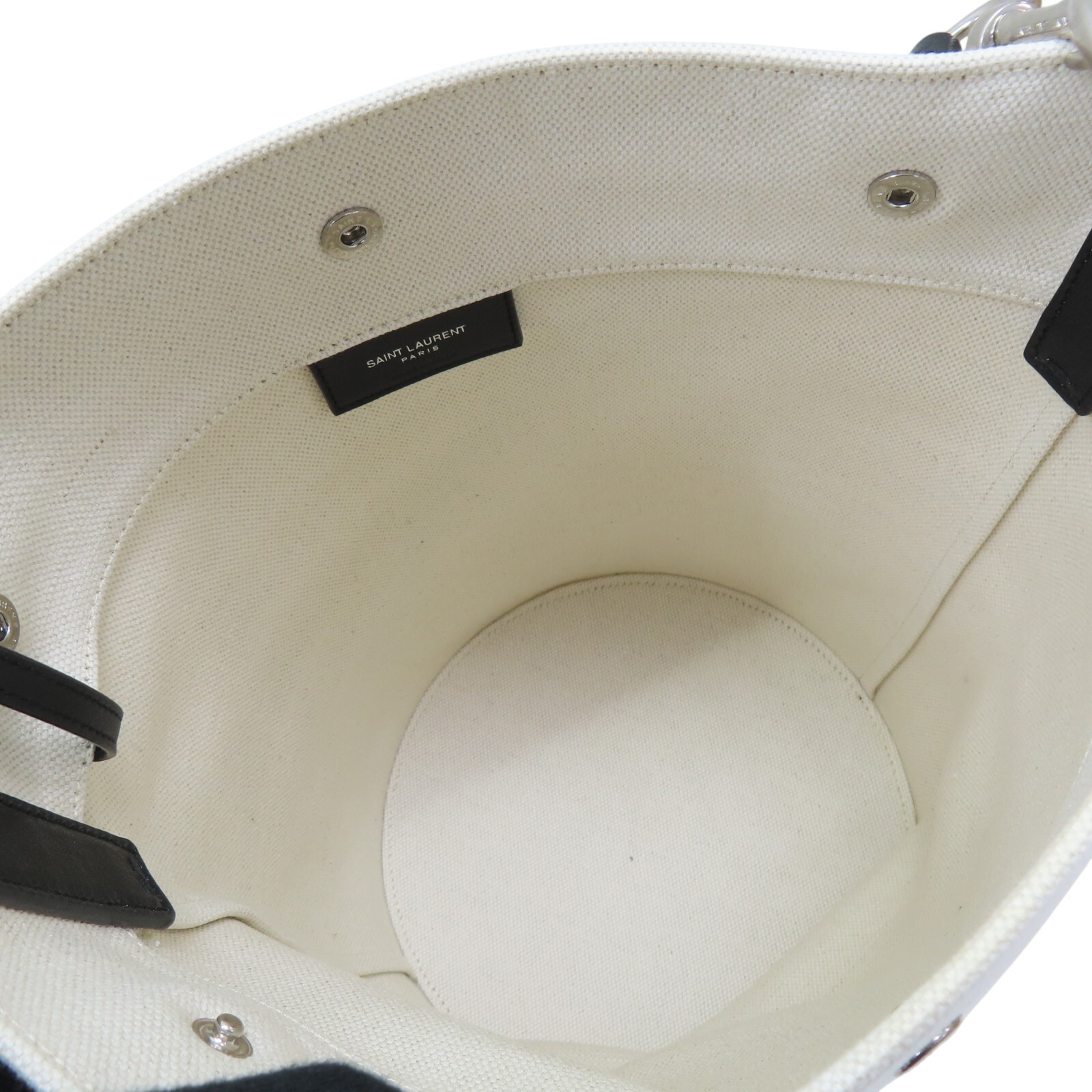 Borsa a tracolla SAINT LAURENT Rive Gauche secchiello tela bianca pelle di vitello nera 669299